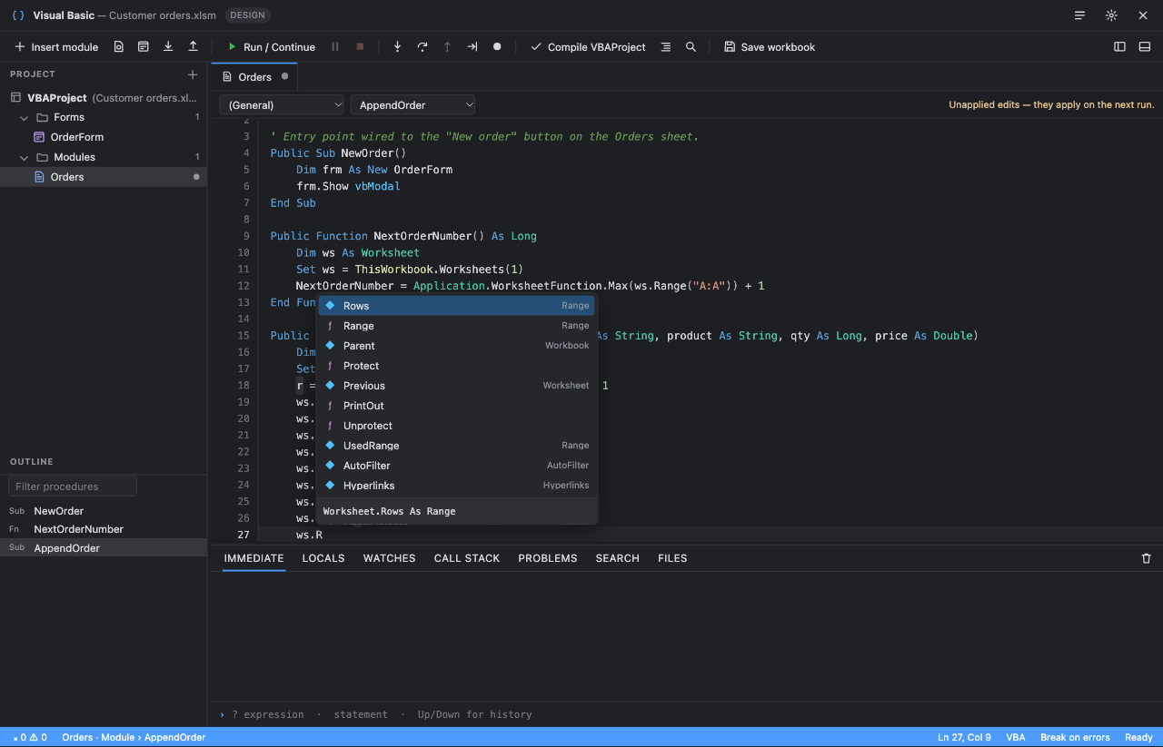 The Visual Basic editor showing a module with syntax highlighting and an IntelliSense completion list for a Worksheet object