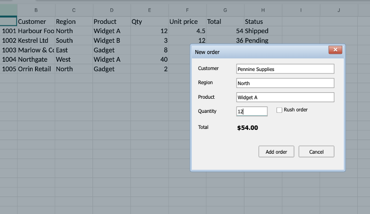 An order-entry UserForm with text boxes, combo boxes, a check box and buttons open over a worksheet in the browser